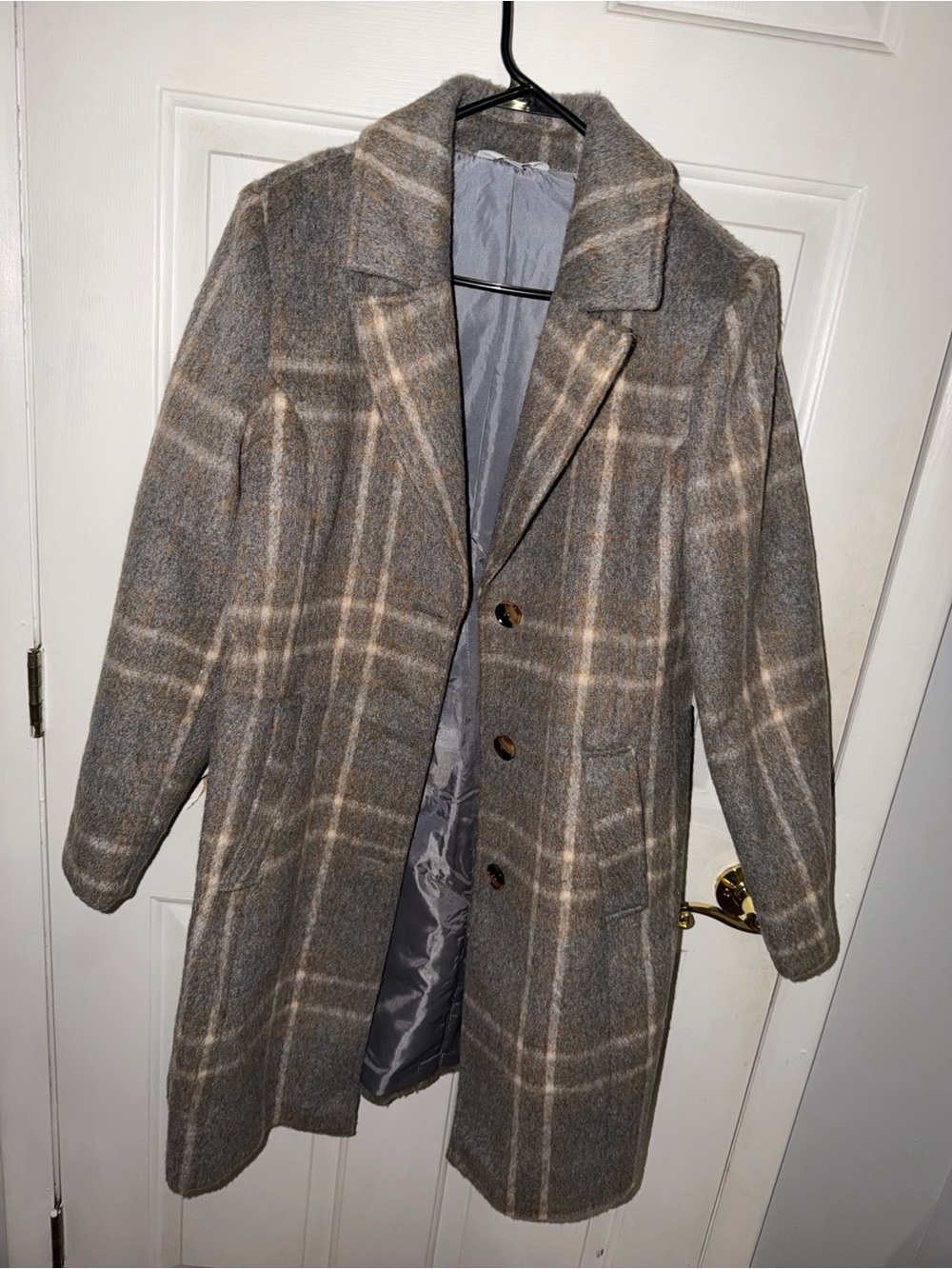 Women’s Gray Plaid Overcoat - Classic Wool Blend Jacket